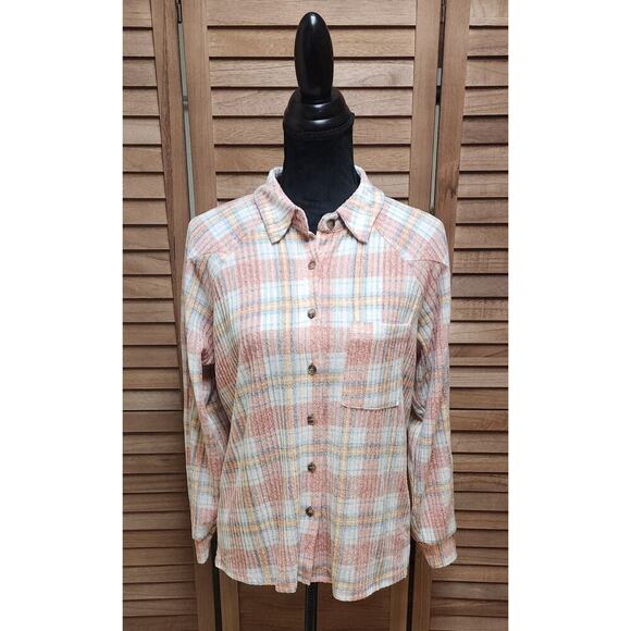 Modish Rebel Tops - Modish Rebel Womens Size XS Pink Button Up Plaid Shirt Soft Long-Sleeve Blouse